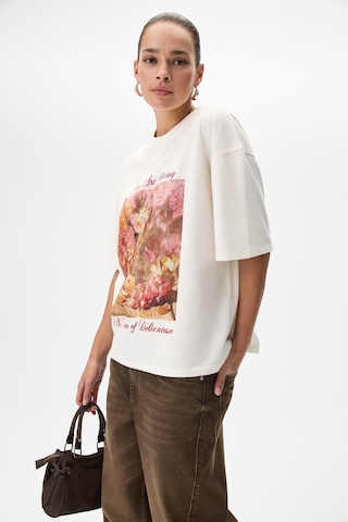 Grımelange Olende Kadın Relaxed Fit Baskılı Yuvarlak Yakalı Ekru T-shirt