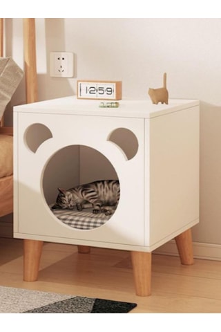 Modern Kedi Evi & Komodin - Kedi Başı Tasarımlı Ahşap Yan Sehpa