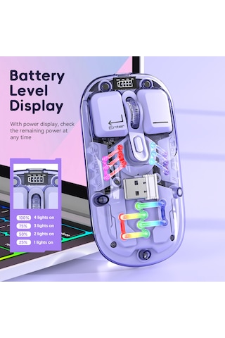 Mufunye Şeffaf Kablosuz Çift Modlu Rgb Aydınlatmalı Fare - 2.4g+bluetooth, 1600dpı, Sessiz Tuşlar, Şarjlı H118