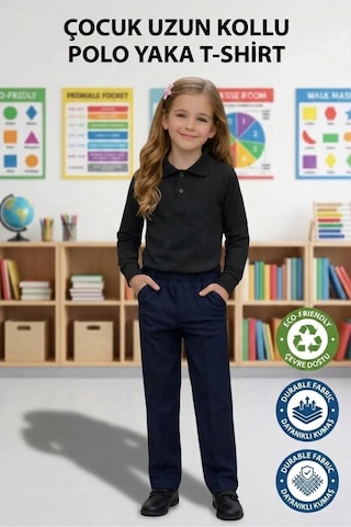 Erdem Kıds Unisex Kız Erkek Çocuk Polo Yaka Pamuklu Uzun Kol Siyah Günlük Basic Okul Tişört
