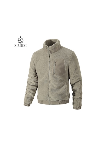 Dik Yaka Polar Günlük Hırka Açık Hava Erkek Kuzu Polar Ceket Gri