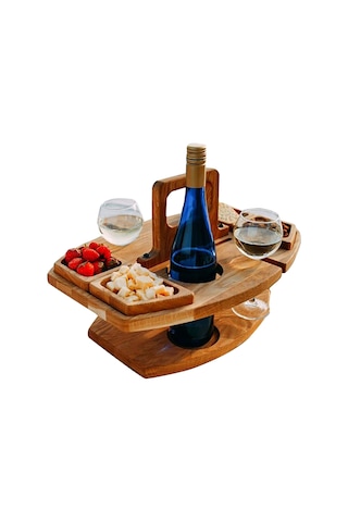 Taşınabilir Piknik Ahşap Şarap Kadehi Tutucu Ayrılabilir Şarap Masası Ahşap Rengi