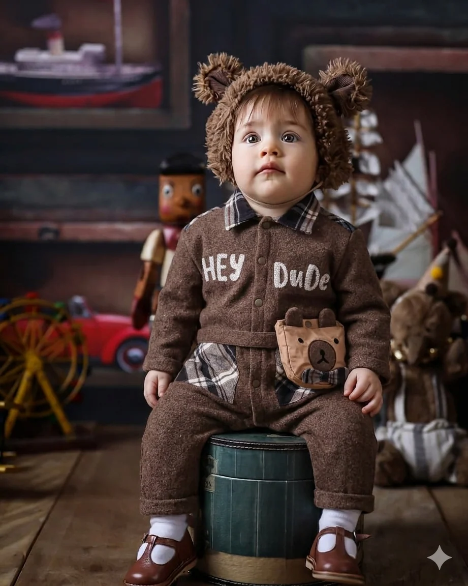 Momercy Leo Ekose Detaylı Erkek Bebek Çantalı Premium Tulum Kahverengi
