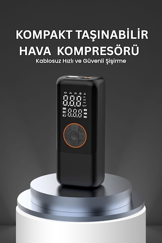 4500 Mah Şarjlı Taşınabilir Araba Lastik Hava Top Şişirme Pompası Led Işıklı Dijital Hava Kompresörü Siyah