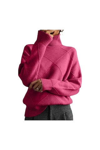 Fastbuy Bej Renk Kadın Büyük Beden Bol Mizaçlı Seyahat Örme Kazak, Yüksek Yaka, Düz Desen Kazak Bej