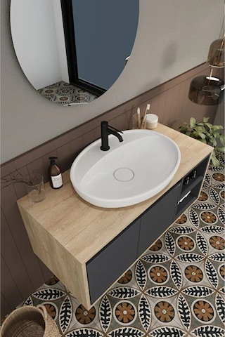 Gül 90 Cm %100 Mdf Lavabolu Banyo Dolabı Ayna Alt Dolap Lavabo Boy Dolabı Antrasit