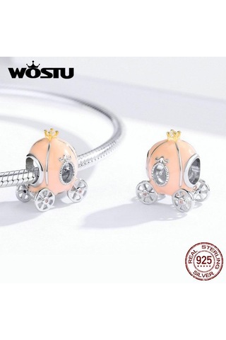 Wostu 925 Ayar Gümüş Pembe Kabak Sepeti Boncuk Zirkon Charms Fit Orijinal Bilezik Kolye Pembe Altın