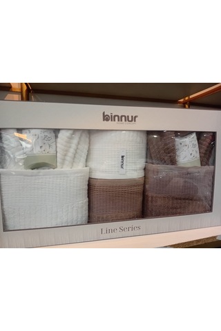 Binnur Line 10 Parça Aile Bornoz Takımı / %100 Pamuk / Aile Seti / Çeyizlik / Günlük / Modern / 1.kalite Beyaz - Kahverengi