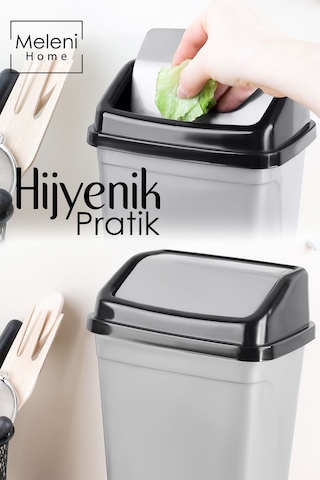 Kapaklı Plastik Çöp Kovası - Ev Ofis Banyo Mutfak Tezgah Üstü Çöp Kovası Gri 5 Litre Gri
