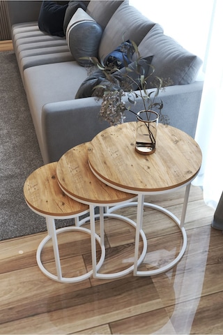 3' Lü C Zigon Sehpa Beyaz Ayak Atlantik Çam 18 Mm Sunta