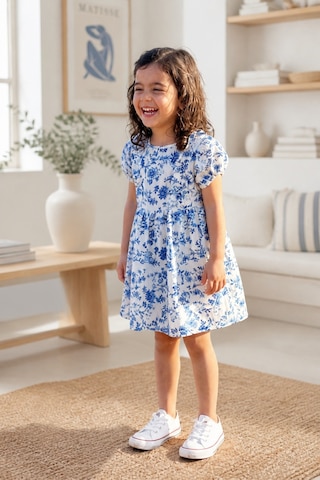Eray Alp Kids Kız Çocuk Çiçek Desenli Mavi Keten Elbise Yazlık Günlük Model