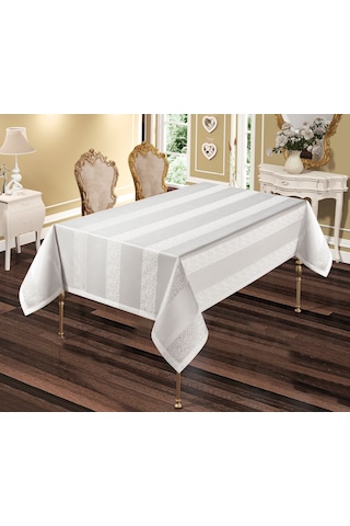 Şerit Pano Desen Leke Tutmaz Yemek Masa Örtüsü 160x220 Cm Krem