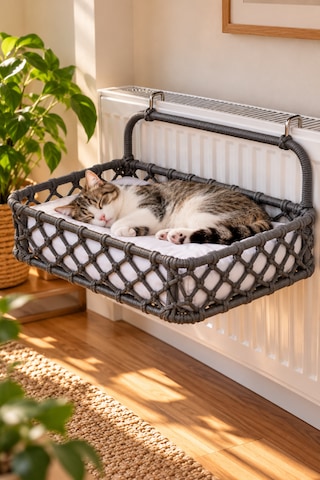 Reyo Tasaryum 48x35 Cm Kedi Köpek Kalorifer Yatağı, Radyatöre Asılan Kedi Hamağı, Puf Minderli El Yapımı Evcil Hayvan Yatağı Füme