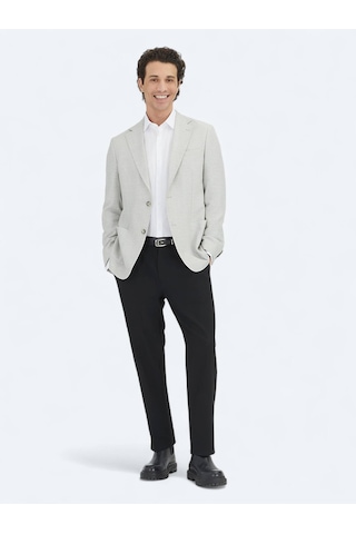 Gri Desenli Modern Fit Keten Karışımlı Ceket Gri