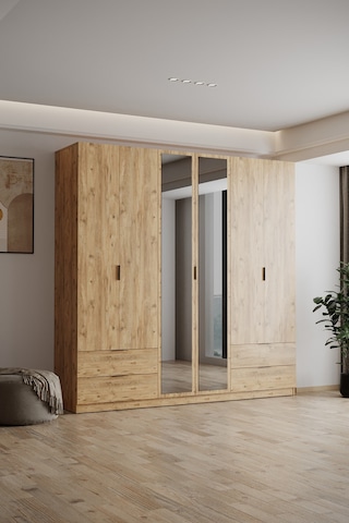 Evdemo Yakut Aynalı 6 Kapaklı 4 Çekmeceli Gardırop 210 Cm Atlantik Çam