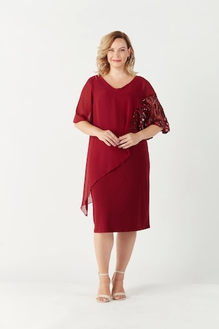 Moda Berray 4051 Bordo Pelerinli Payetli Esnek Kumaş Büyük Beden Elbise Bordo