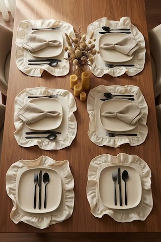 Pamuklu Fırfırlı Kare Supla 6'lı Set Amerikan Servis 33 Cm Supla Açık Krem