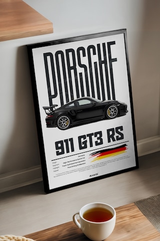 Porsche 911 Siyah Ahşap Çerçeveli Poster, Dekoratif Motosiklet Duvar Tablosu Çok Renkli