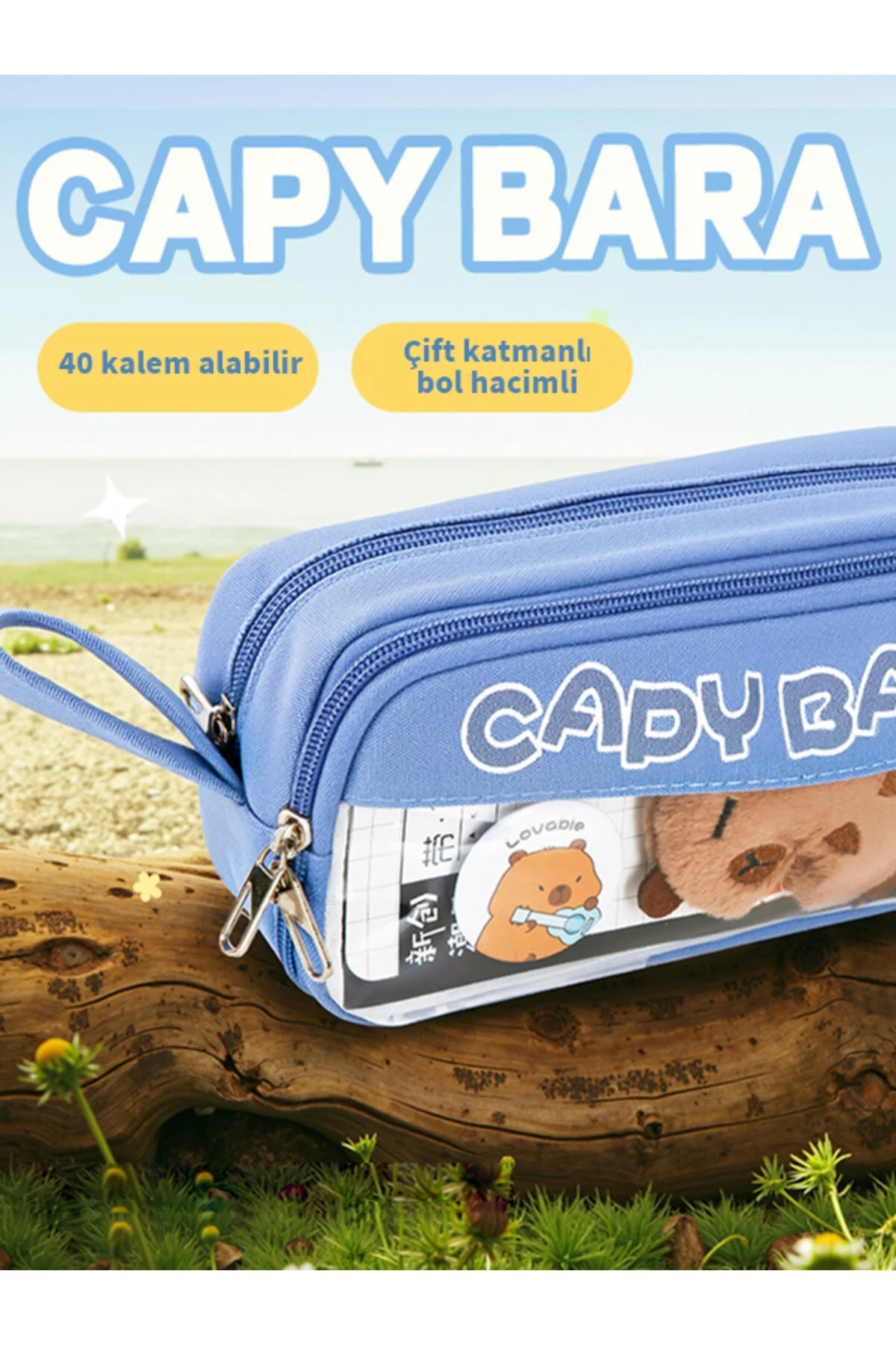 Capy Bara-40 Kalem Kapasiteli Çift Katlı Kalemlik Rastgele Broş & Oyuncak Mavi