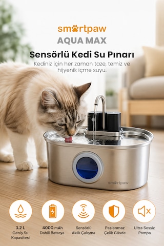 Smartpaw Aqua Max Sensörlü Kedi Su Pınarı Distribütör Garantili