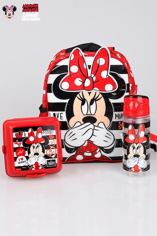 Yeni Sezon Lisanslı Mınnıe Mouse Anaokul Çantası,beslenme Kabı Ve Trıtan Matara 500 Ml Okul Seti