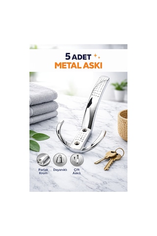 5 Adet Noktalı Metal Askı Parlak Krom Portmanto Askılık Vestiyer Dolap Elbise Askısı Çift Kancalı Gümüş