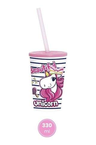 2'li Unicorn Çocuk Meşrubat Bardak Seti, Pipetli Kapaklı Su Süt Meyve Suyu Bardağı 330 Ml 2 Li Set Pembe