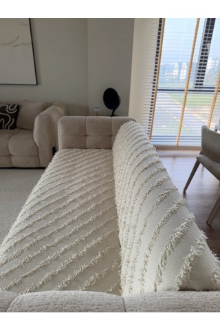 Sakallı Şönil Kumaş Çizgili Koltuk Örtüsü 170x200 Cm Krem