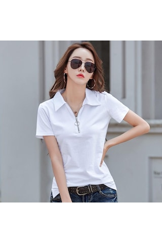 Beyaz Fermuar Turn-down Yaka T Gömlek Kadın Kısa Kollu Yaz Üstleri Pamuk Tshirt Kadın Kore Giysileri Tee Gömlek Femme Beyaz