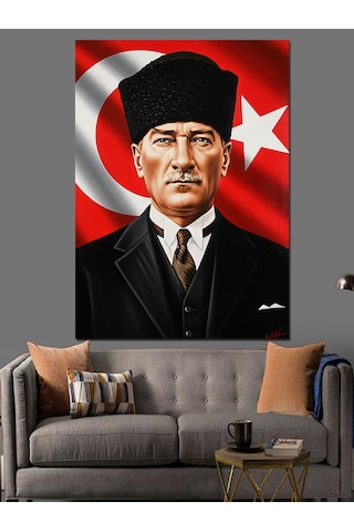 Ahşap Tablo Bayrak Önünde Atatürk Portresi