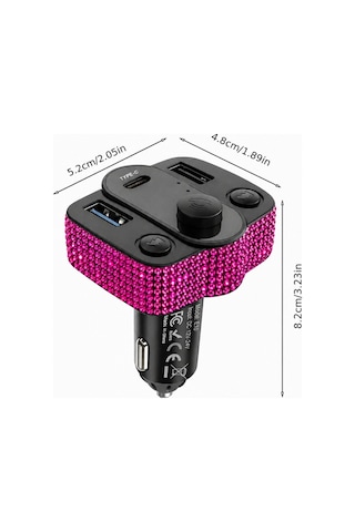 Araç İçi Fuşya Kristal Taşlı Fm Transmitter Bluetooth Usb Type-c Oto Çakmaklık