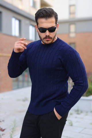Butik İstanbul Erkek Örgü Desen Bisiklet Yaka Kazak Lacivert