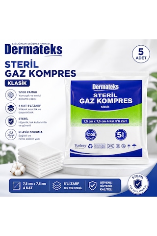 Dermateks Steril Kompres 7,5 7,5cm 4 Kat 5'li Zarf 12 Paket