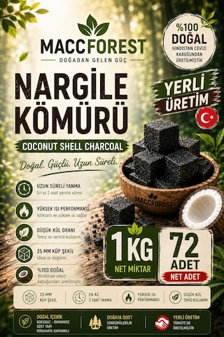 1 Kg Nargile Kömürü 72 Adet Hindistan Cevizi Kabuğu Kömürü 25 Mm Küp Doğal Coconut Shell Charcoal Uzun Süre Yanan Düşük Küllü Yerli Üretim