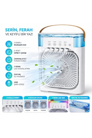 Su Buharlı Mini Masaüstü Vantilatör 3 Kademe 7 Renk Led 500 Ml Su Hazneli Masaüstü Soğutucu Fan