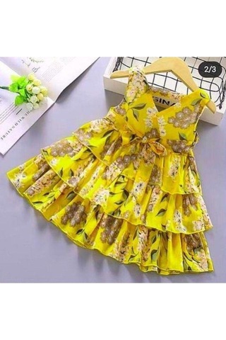MODAVALS LİMON SARI KARDEŞ KOMBİN ÇİÇEKLİ KIZ ÇOCUK ELBİSE & BANDANA KOMBİN Sarı