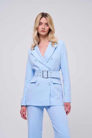 Çizgili Kruvaze Blazer Ceket Pantolon Bebe Mavi Kadın Takım Bebe Mavi