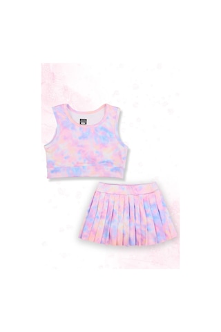 Beniizle Batik Desenli Şort Etekli Crop Kız Çocuk Sporcu Takım Pembe