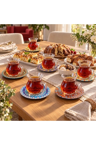 Renkli Metal Tabaklı 6'lı Çay Bardağı Seti Çok Renkli