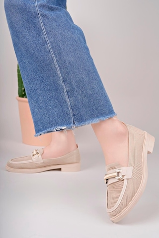 Aymood Kadın Nude Zincir Tokalı Kalın Taban Pu Deri Günlük Klasik Topuklu Loafer Makosen Ayakkabı F Krem Te Bej