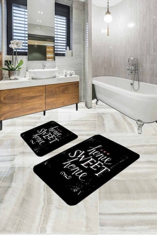 Siyah Home Sweet Home Banyo Halısı Klozet Paspas Seti Bs301n11