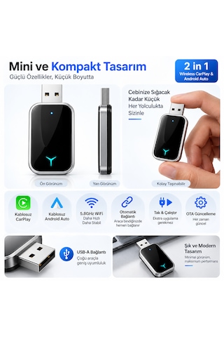 Luve Store 2in1 Kablosuz Carplay Auto Adaptör Wireless Dönüştürücü Usb Type-c Otg Mini Araç Adaptörü