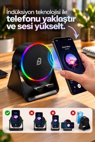 Soundpad Indüksiyon Bluetooth Hoparlör 5w Rgb Işıklı Telefon Standlı Bluetooth 5.3 Type-c Şarjlı 5in1