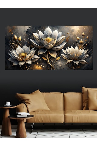 Kanvas Tablo Altın Beyaz Lotus Çiçekleri