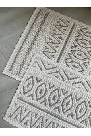 Hat Doğal Pamuklu 2'li Banyo Paspas & Halı Seti 60x100+50x60 Cm - Taş Taş