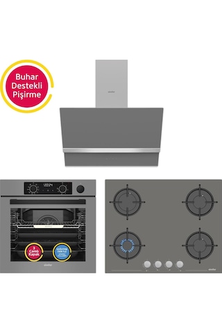 Simfer 11 Fonksiyon Steam Master Gri 3'lü Ankastre Set (8246 Fırın + 3656 Ocak + 8740 Davlumbaz)