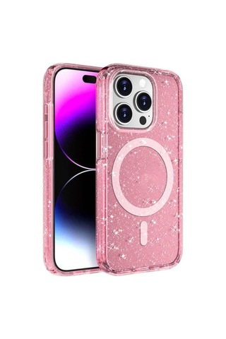 Apple Uyumlu iPhone 15 Pro Kılıf M-safe Şarj Özellikli Parlayan Simli Saydam Renkli Zore Allstar Kapak Pembe