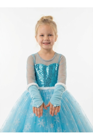 Butikhappykids Frozen Elsa Kostümü Uzun Kollu Kız Çocuk Prenses Elbisesi Taç+asa+eldiven Hediyeli Mavi