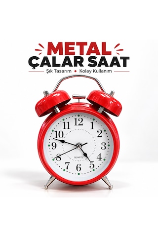 Metal Çalar Saat 12x17 Cm Yüksek Sesli Alarm, Şık Ve Dayanıklı Tasarım Kırmızı