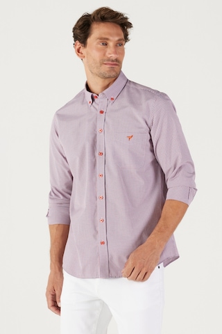 AC&Co / Altınyıldız Classics Erkek Lacı Kırmızı Slim Fit Dar Kesim Düğmeli Yaka Logolu Cepli Pamuklu Çizgili Gömlek Lacivert - Kırmızı